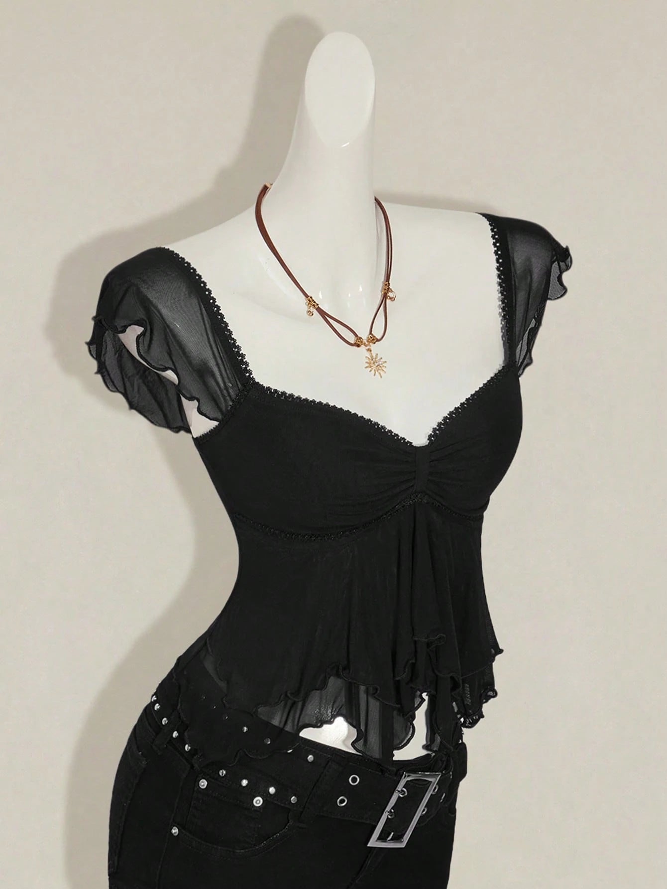 SHEIN ICON Women's Ruched Front Fitted Sexy Cutout Jacquard Romantic French Style Flare Sleeve Backless Casual Vacation Cropped Camisole