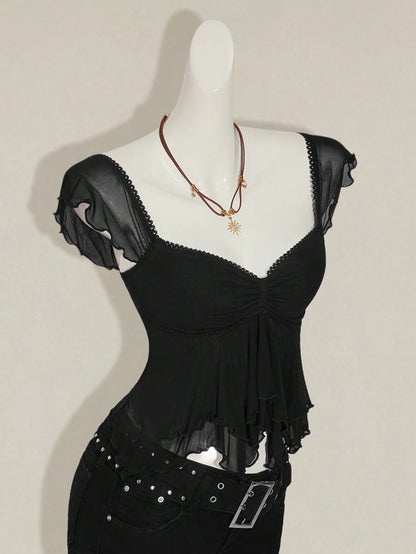 SHEIN ICON Women's Ruched Front Fitted Sexy Cutout Jacquard Romantic French Style Flare Sleeve Backless Casual Vacation Cropped Camisole