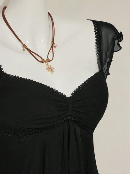 SHEIN ICON Women's Ruched Front Fitted Sexy Cutout Jacquard Romantic French Style Flare Sleeve Backless Casual Vacation Cropped Camisole