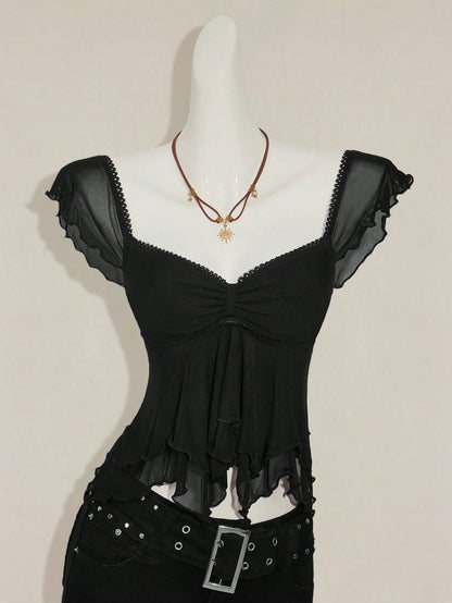 SHEIN ICON Women's Ruched Front Fitted Sexy Cutout Jacquard Romantic French Style Flare Sleeve Backless Casual Vacation Cropped Camisole