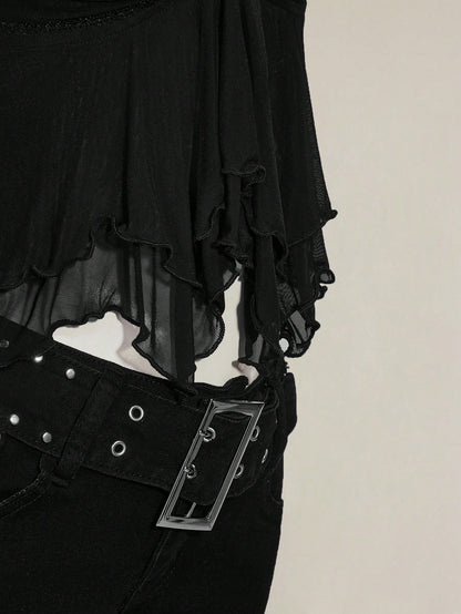 SHEIN ICON Women's Ruched Front Fitted Sexy Cutout Jacquard Romantic French Style Flare Sleeve Backless Casual Vacation Cropped Camisole