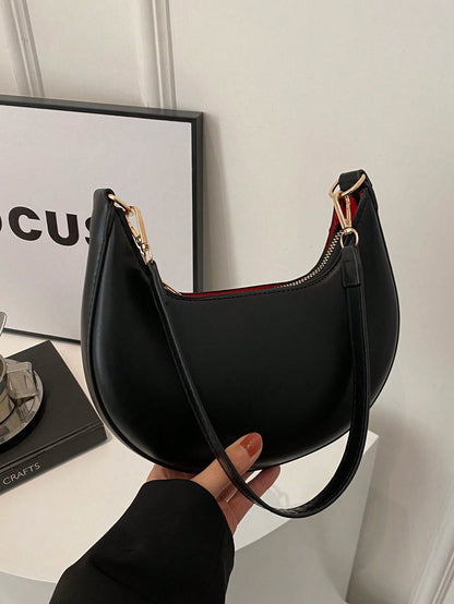 1pc Coffee Brown Crescent-Shaped PU Leather Shoulder Bag, Fashion Simple Solid Color Women Underarm Bag, Autumn/Winter