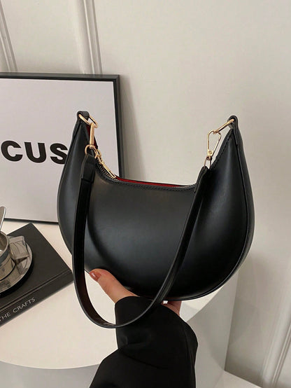 1pc Coffee Brown Crescent-Shaped PU Leather Shoulder Bag, Fashion Simple Solid Color Women Underarm Bag, Autumn/Winter