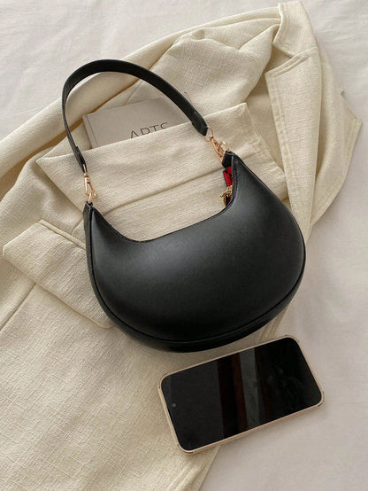 1pc Coffee Brown Crescent-Shaped PU Leather Shoulder Bag, Fashion Simple Solid Color Women Underarm Bag, Autumn/Winter