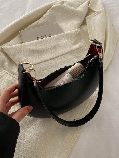 1pc Coffee Brown Crescent-Shaped PU Leather Shoulder Bag, Fashion Simple Solid Color Women Underarm Bag, Autumn/Winter