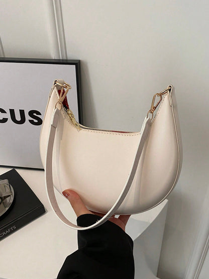 1pc Coffee Brown Crescent-Shaped PU Leather Shoulder Bag, Fashion Simple Solid Color Women Underarm Bag, Autumn/Winter