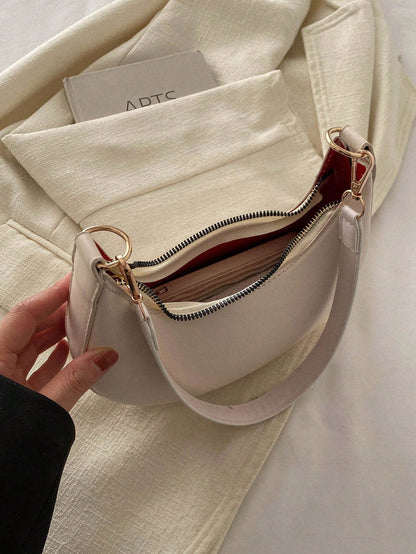 1pc Coffee Brown Crescent-Shaped PU Leather Shoulder Bag, Fashion Simple Solid Color Women Underarm Bag, Autumn/Winter