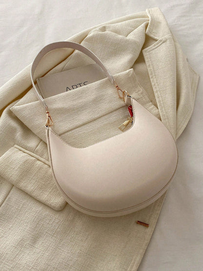 1pc Coffee Brown Crescent-Shaped PU Leather Shoulder Bag, Fashion Simple Solid Color Women Underarm Bag, Autumn/Winter