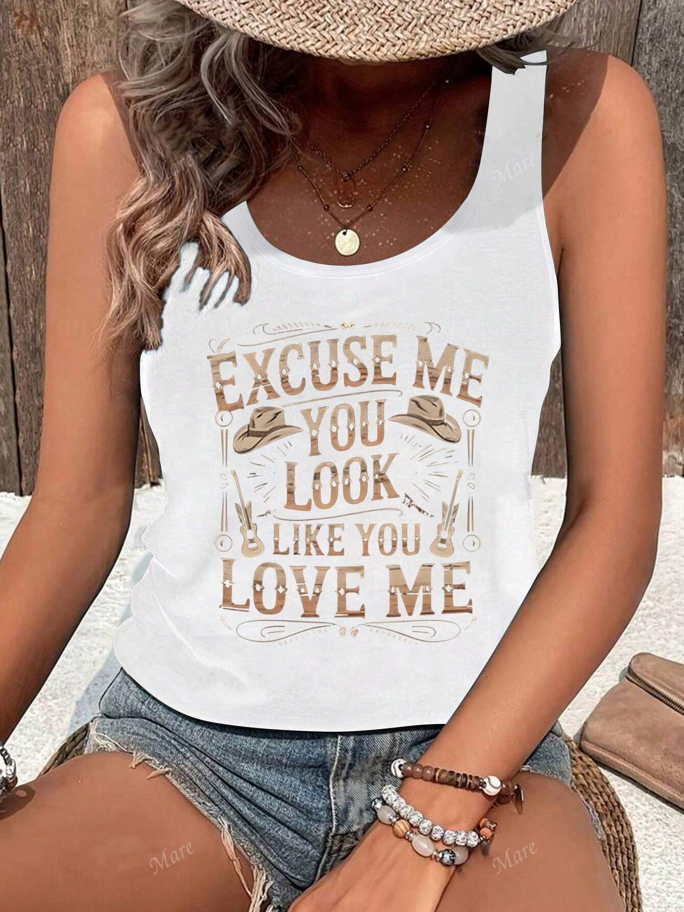 Vintage Western Style Women Tank Top With Slogan Print, Summer