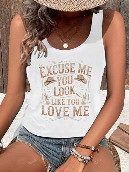 Vintage Western Style Women Tank Top With Slogan Print, Summer