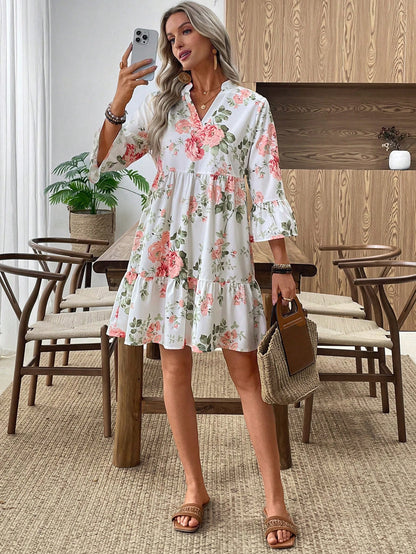 EMERY ROSE Women's Floral Print Cutout V-Neck Ruffled Hem Long Sleeve Mini Dress,Summer Dresses For Women