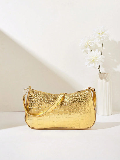 Women's Fashion Solid Color Crocodile Pattern Baguette Shoulder Bag