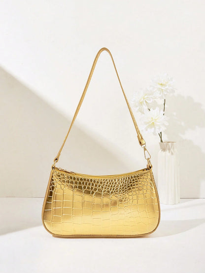 Women's Fashion Solid Color Crocodile Pattern Baguette Shoulder Bag