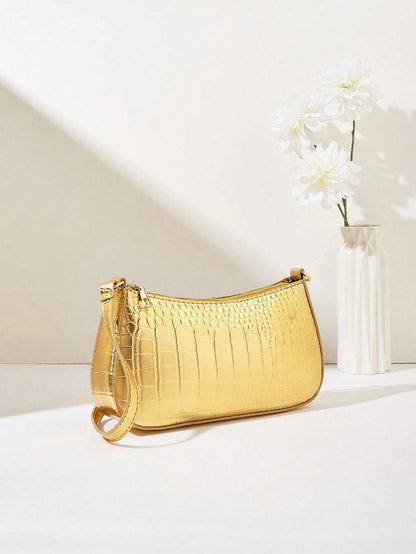 Women's Fashion Solid Color Crocodile Pattern Baguette Shoulder Bag