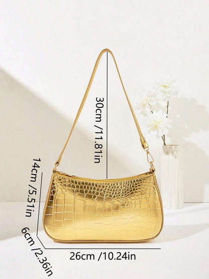 Women's Fashion Solid Color Crocodile Pattern Baguette Shoulder Bag