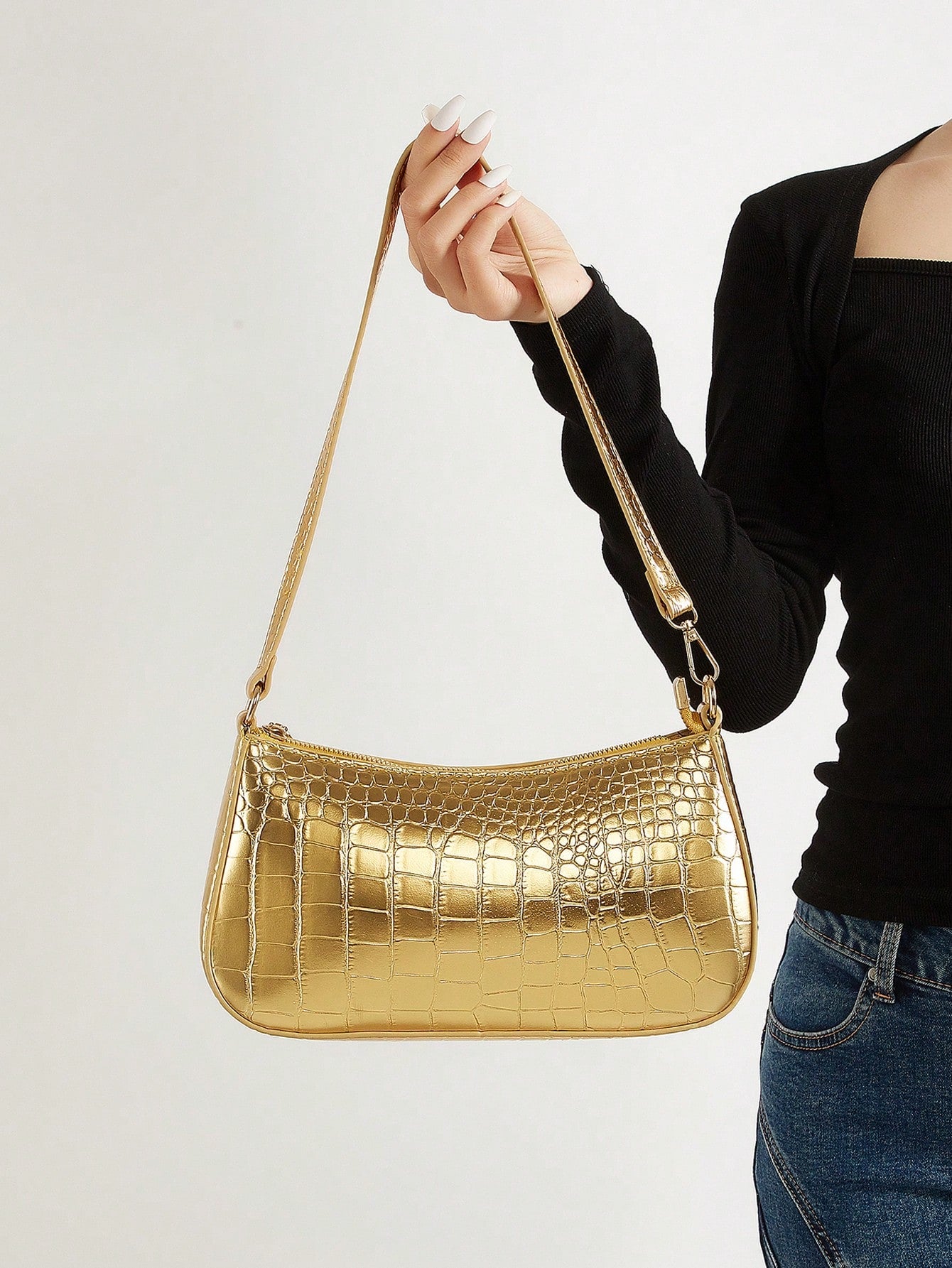 Women's Fashion Solid Color Crocodile Pattern Baguette Shoulder Bag