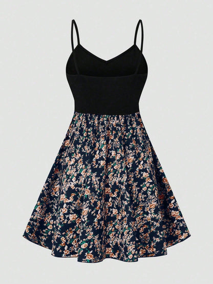 SHEIN LUNE Women's Floral Print Patchwork Slip Dress, Casual Vacation Style