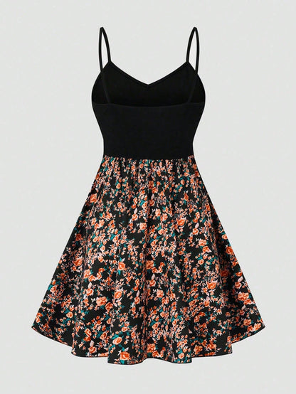 SHEIN LUNE Women's Floral Print Patchwork Slip Dress, Casual Vacation Style