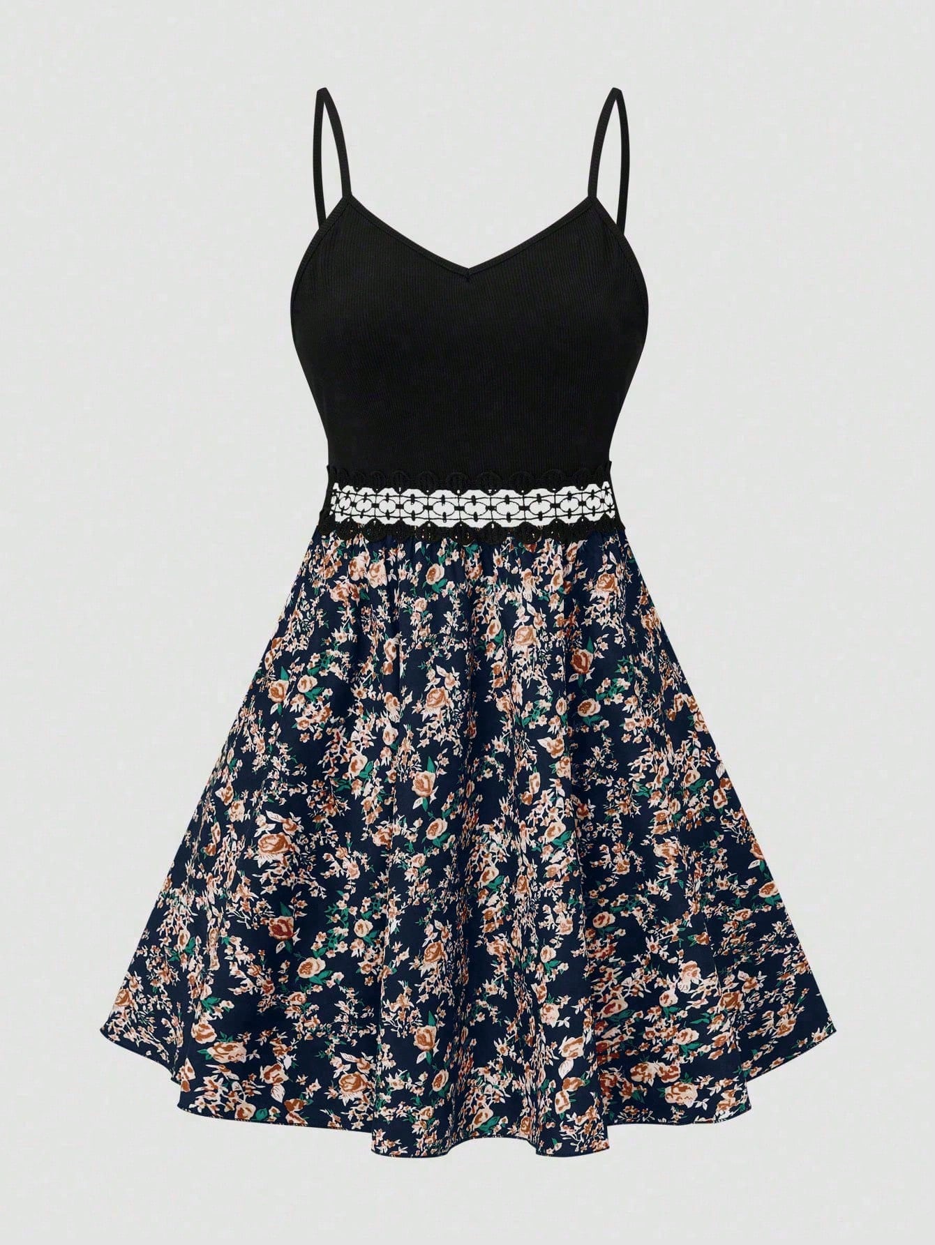 SHEIN LUNE Women's Floral Print Patchwork Slip Dress, Casual Vacation Style