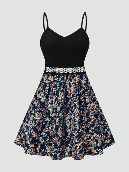 SHEIN LUNE Women's Floral Print Patchwork Slip Dress, Casual Vacation Style