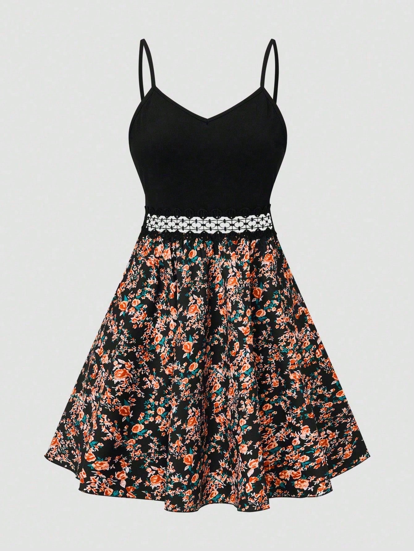 SHEIN LUNE Women's Floral Print Patchwork Slip Dress, Casual Vacation Style