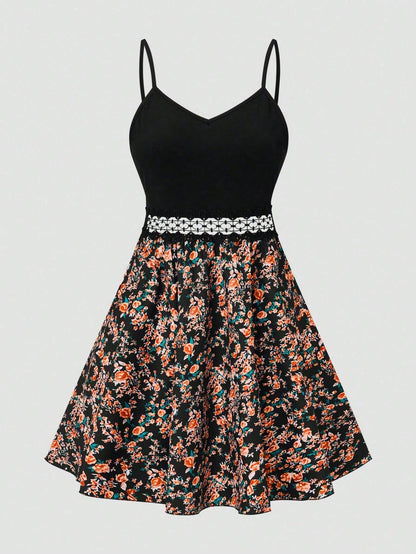 SHEIN LUNE Women's Floral Print Patchwork Slip Dress, Casual Vacation Style