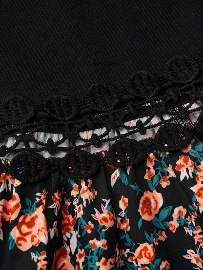 SHEIN LUNE Women's Floral Print Patchwork Slip Dress, Casual Vacation Style