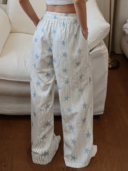 DAZY Striped & Star Print Loose Fit Pajama Pants For Women