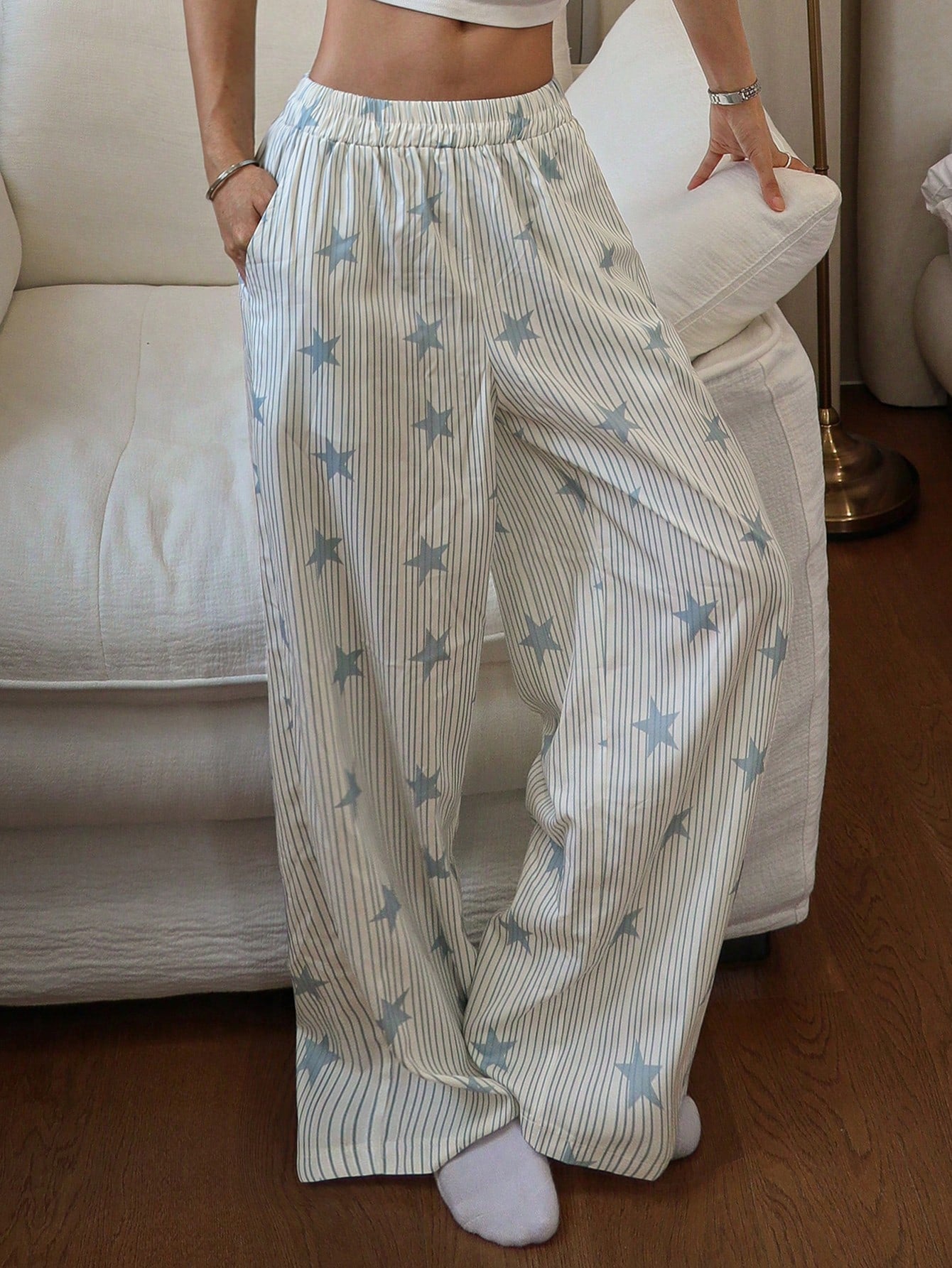 DAZY Striped & Star Print Loose Fit Pajama Pants For Women