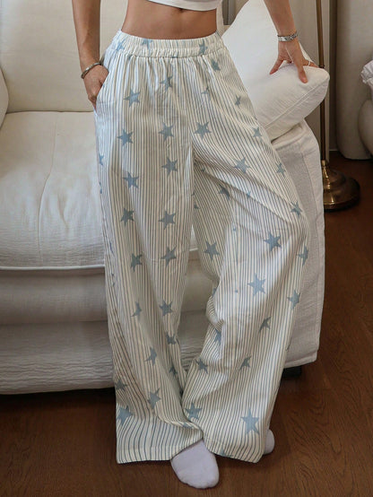DAZY Striped & Star Print Loose Fit Pajama Pants For Women