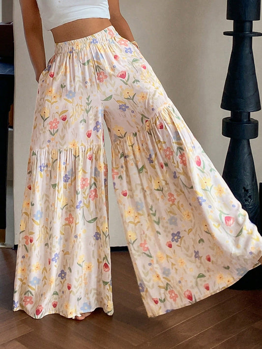 DAZY Women's Summer Lightweight Ditsy Floral Loose Wide Leg Pajama Pants