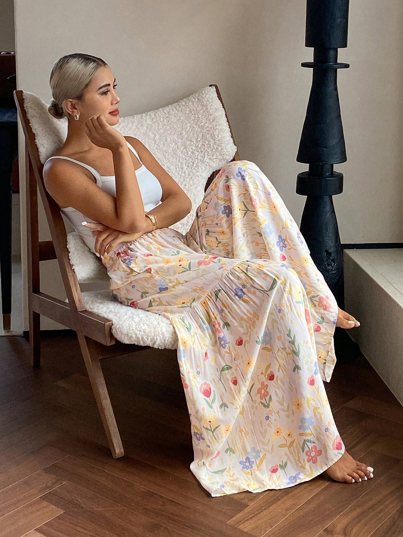 DAZY Women's Summer Lightweight Ditsy Floral Loose Wide Leg Pajama Pants