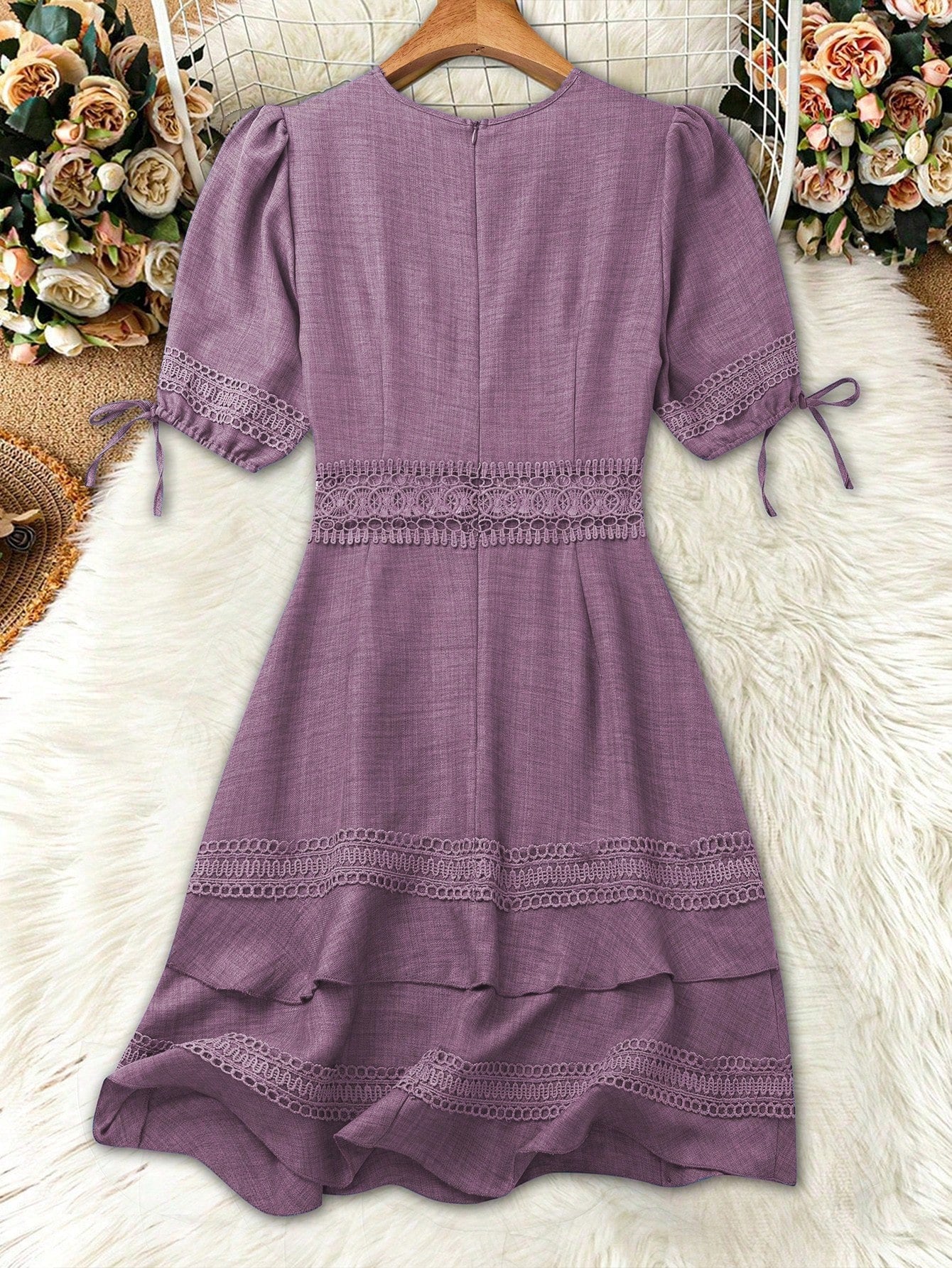 SHEIN Clasi Women's Solid Color Lace Trim Puff Sleeve Mini Dress, Summer