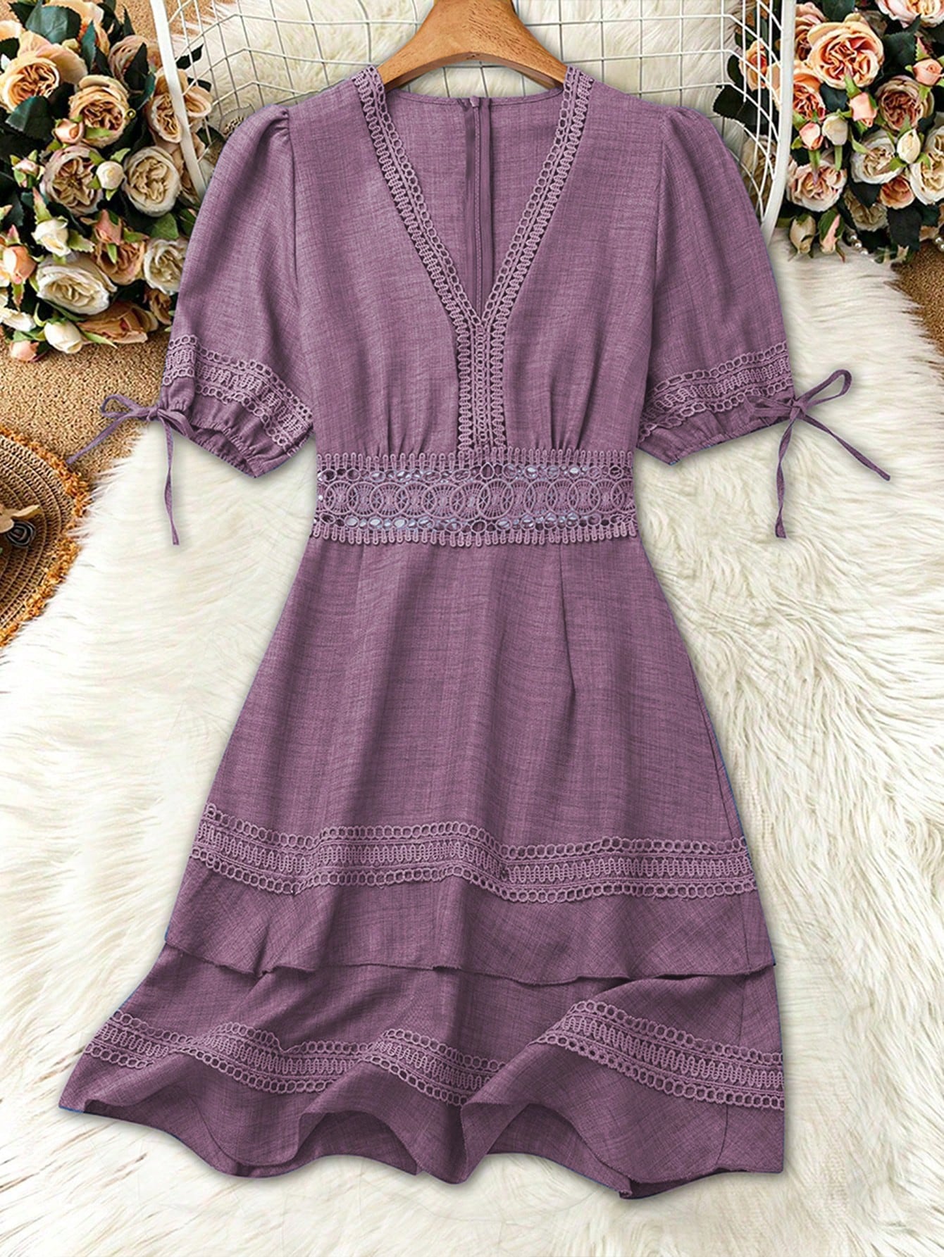 SHEIN Clasi Women's Solid Color Lace Trim Puff Sleeve Mini Dress, Summer