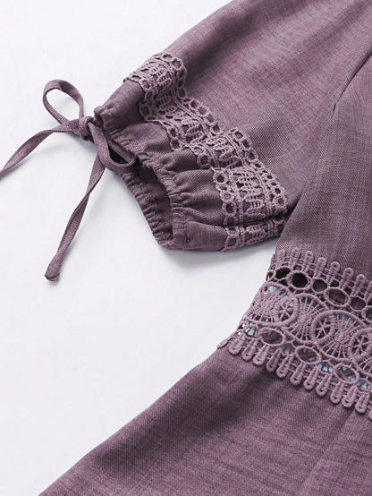 SHEIN Clasi Women's Solid Color Lace Trim Puff Sleeve Mini Dress, Summer