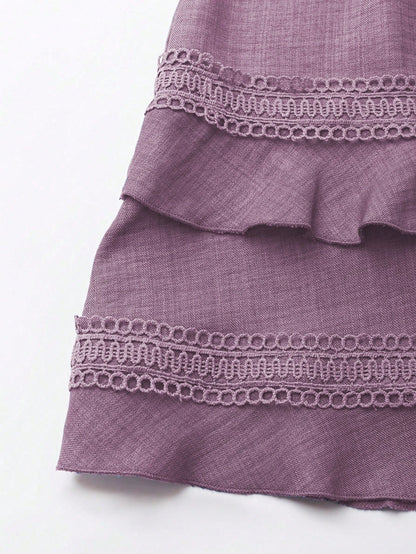 SHEIN Clasi Women's Solid Color Lace Trim Puff Sleeve Mini Dress, Summer