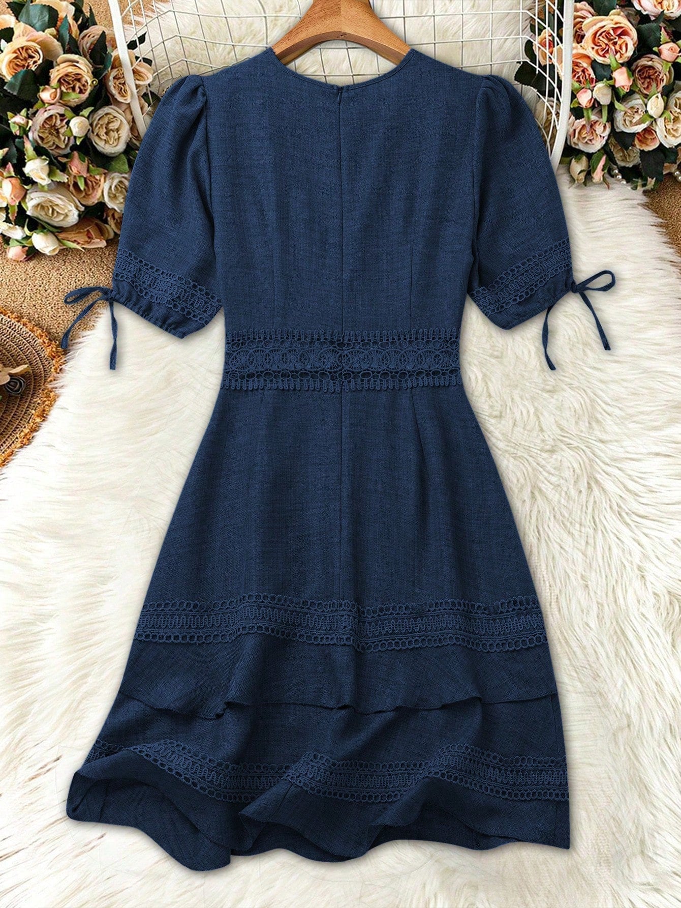 SHEIN Clasi Women's Solid Color Lace Trim Puff Sleeve Mini Dress, Summer