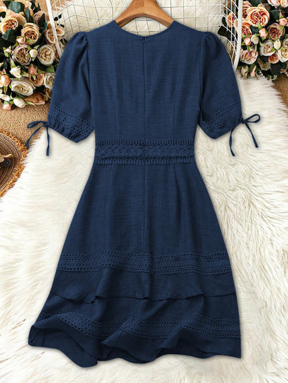 SHEIN Clasi Women's Solid Color Lace Trim Puff Sleeve Mini Dress, Summer