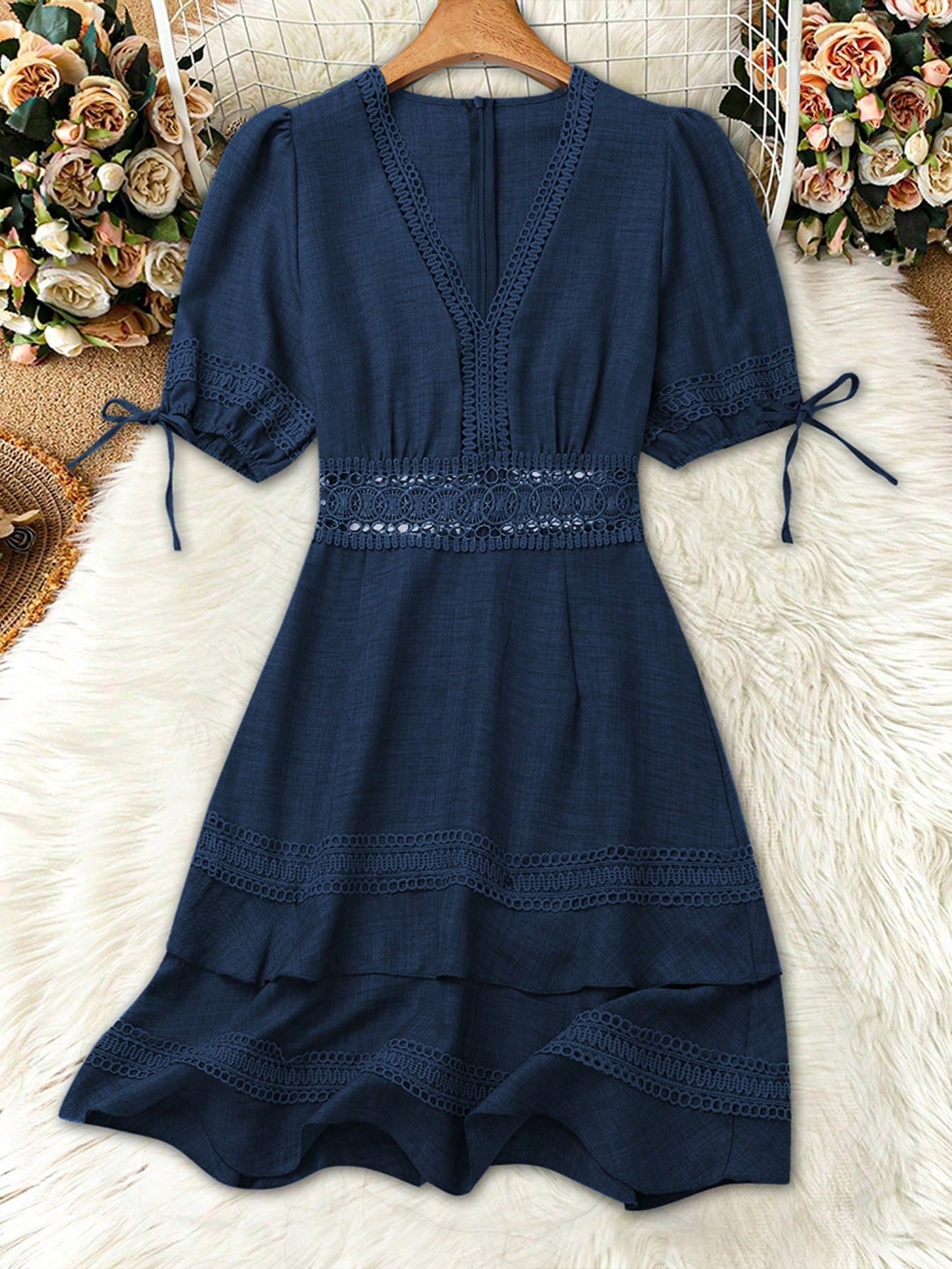 SHEIN Clasi Women's Solid Color Lace Trim Puff Sleeve Mini Dress, Summer