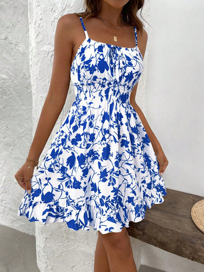 SHEIN PETITE Summer Printed Waist Cinching Sexy Strapless Bodycon Dress, Vintage Floral Print Waist Tightening Sexy Petite Strap Dress, Fashion Waist Cinching Sexy Floral Print Lady-Like Dress