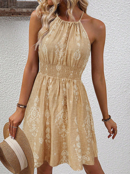 SHEIN Clasi Women's Printed A-Line Cinching Waist Vacation & Daily Casual Halter Dress