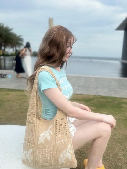 Summer New Style Lady Daily Use Lightweight Tote Bags Sea Turtle Pattern Hollowed Out Knitted Crochet Beach Shopping Bags,Summer Bag,Holiday,Vacation, Perfectly Matching With Crochet Set