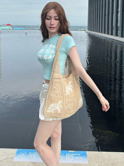Summer New Style Lady Daily Use Lightweight Tote Bags Sea Turtle Pattern Hollowed Out Knitted Crochet Beach Shopping Bags,Summer Bag,Holiday,Vacation, Perfectly Matching With Crochet Set