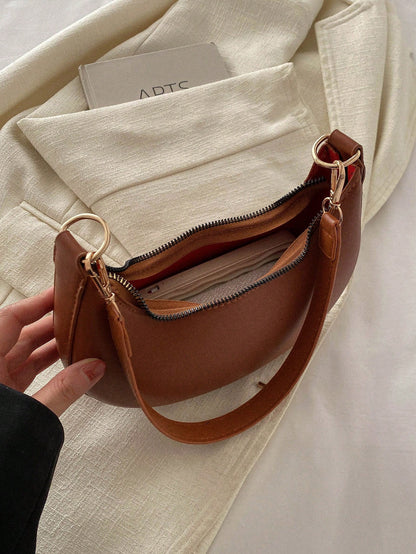 1pc Coffee Brown Crescent-Shaped PU Leather Shoulder Bag, Fashion Simple Solid Color Women Underarm Bag, Autumn/Winter