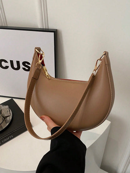 1pc Coffee Brown Crescent-Shaped PU Leather Shoulder Bag, Fashion Simple Solid Color Women Underarm Bag, Autumn/Winter
