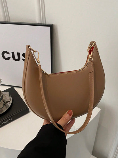 1pc Coffee Brown Crescent-Shaped PU Leather Shoulder Bag, Fashion Simple Solid Color Women Underarm Bag, Autumn/Winter