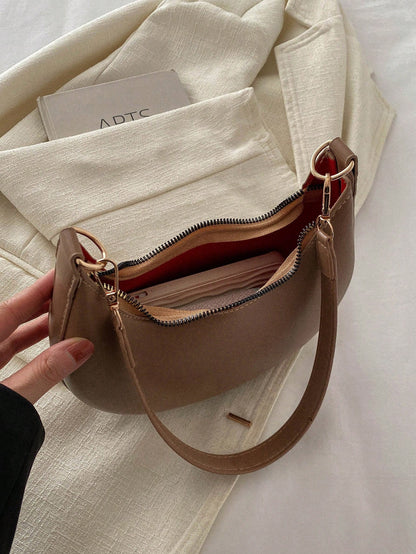 1pc Coffee Brown Crescent-Shaped PU Leather Shoulder Bag, Fashion Simple Solid Color Women Underarm Bag, Autumn/Winter