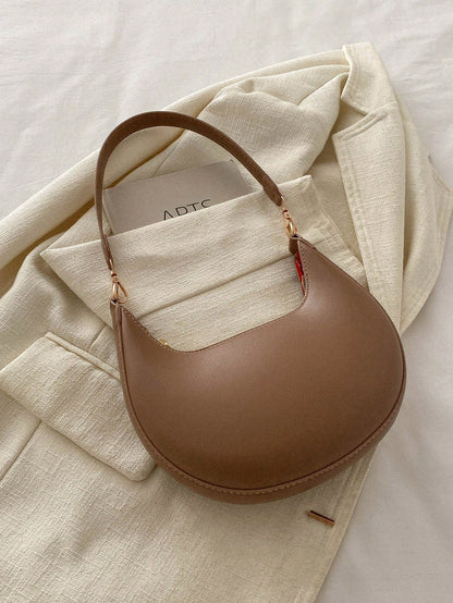 1pc Coffee Brown Crescent-Shaped PU Leather Shoulder Bag, Fashion Simple Solid Color Women Underarm Bag, Autumn/Winter