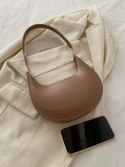 1pc Coffee Brown Crescent-Shaped PU Leather Shoulder Bag, Fashion Simple Solid Color Women Underarm Bag, Autumn/Winter