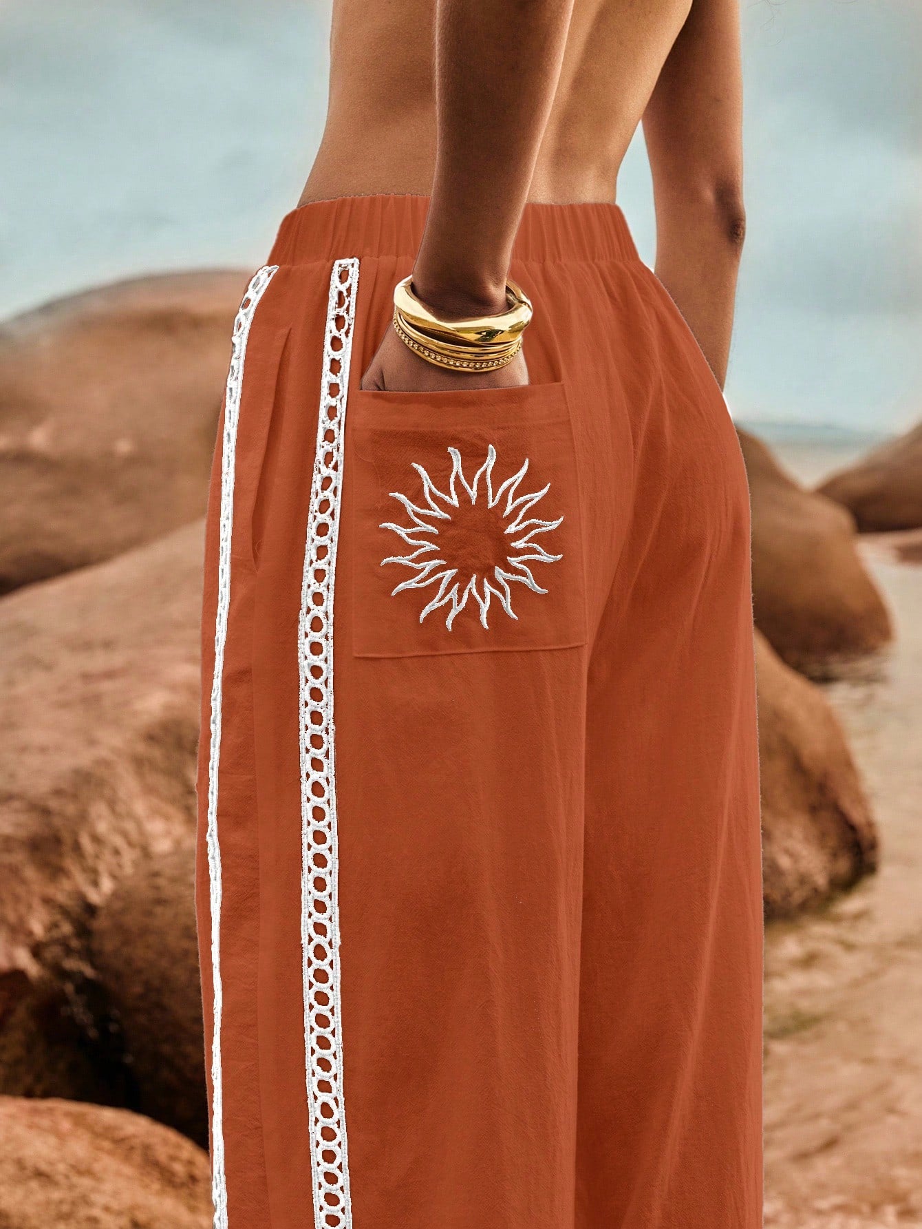 Poéselle Women's Wide Leg Loose Casual Pants With Sun Embroidered Pockets,Vacation Outfits Woman,Beach Vacation,Embroidered Pants,Summer Outfits For Women Vacation Outfits Women Resort Wear